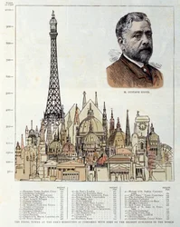 Schema des Eiffelturms, erstellt 1889 von Ingenieur Gustave Eiffel, dargestellt rechts im Vergleich zu anderen Monumenten wie den Pyramiden von Ägypten, der Basilika St. Peter in Rom, dem Hotel des Invalides, der Kathedrale von St. Paul in London