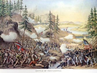 Sezessionskrieg (1861-1865) oder Amerikanischer Bürgerkrieg: 24.-25.11.1863: Nach zwei Tagen Schlacht bei Chattanooga, Tennessee, Sieg der Nordarmee unter General Rosecrans. Gravur