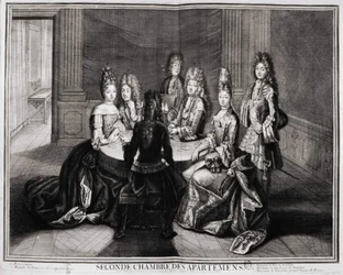 Zweiter Raum der Appartements (Versailles): 1. Monsignore, 2. Madame Prinzessin von Conty Witwe, 3. Monsieur der Herzog von Bourbon, 4. Madame die Herzogin von Bourbon, 5. Monsieur de Vendôme, Großprior von Frankreich. Gravur von Trouvain, frühes 18. Jahrh