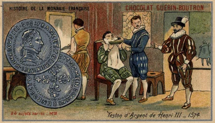 Serie Histoire de la Monnaie Française, veröffentlicht von Chocolat Guérin Boutron, Chromolithographie 19. Jahrhundert, Silberteston von Heinrich III., 1574