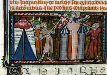 Belagerung einer Burg. Miniatur aus einem Manuskript des 13. Jahrhunderts. Mailand, Biblioteca Trivulziana.