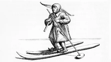 Lappischer Ski ungleicher Länge - in „Laponia“ von Johanes Schefter, Gravur