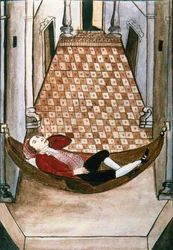 Schläfriger Spanier in einer Hängematte eines reichen Palastes, aus dem Buch „Trujillo del Peru“ oder „Códice Martínez Compañón“ von Baltazar Martinez Compañón y Bujanda, Bischof von Trujillo (1782-1785)