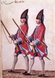 Soldaten des Regiments von Mexiko, Detail einer Aquarellzeichnung aus dem 18. Jahrhundert