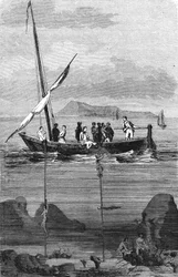 Schwammfischen entlang der Küste Syriens: Taucher steigen hinab, um die Schwämme von Hand zu sammeln. Gravur aus dem 19. Jahrhundert