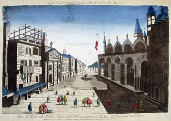 Platz der Kirche St. Markus und der Große Platz, abgeschlossen durch die Kirche St. Geminian in Venedig. Gravur aus dem 18. Jahrhundert