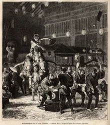 Straßensaltimbanques: Jongleure, Balancierer und Akrobaten, bei Nachtvorstellungen, auf der jährlichen Asaksa-Messe, Tokio-Tempel. Gravur zur Illustration der Reise nach Japan, von Aime Humbert, Minister der Schweizerischen Eidgenossenschaft, 1863-1864, ve