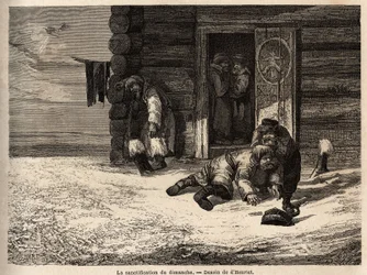 Sonntagsheiligung mit Kümmellikör, Arbeiter aus Dorpat. Zeichnung von Henriet, zur Illustration seiner Reise in die russischen Ostseeprovinzen in den Jahren 1851-54. Gravur in „Le tour du monde“, herausgegeben von Edouard Charton