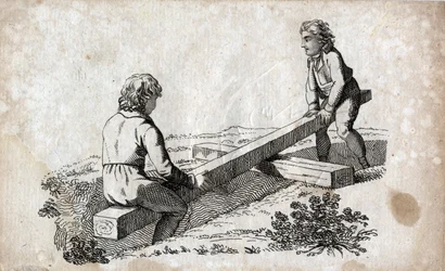 Schaukel: zwei Kinder auf einem Buttenband. Gravur aus dem späten 18. Jahrhundert. Private Sammlung.