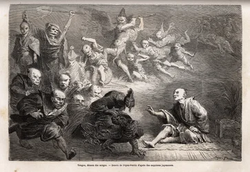 Tengu oder Traumdämon, niedere Gottheit der japanischen Folklore, zoomorph, nimmt die Gestalt eines Raben an und ist mit magischen Kräften ausgestattet. Er ist in Japan ein beliebtes Motiv in Kunst, Theater und Literatur. Stich zur Illustration der