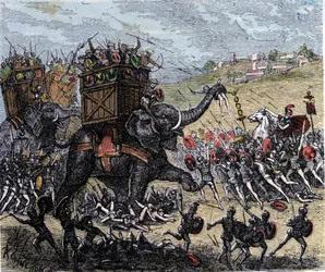 Die Schlacht von Zama (Afrika, Zweiter Punischer Krieg, 202 v. Chr.) gewonnen von Scipio Africanus über die Truppen von Hannibal Barca.