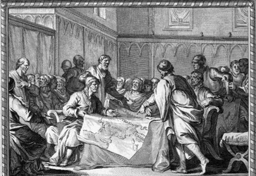Das Karolingische Reich wurde zwischen den drei Söhnen von Ludwig dem Frommen aufgeteilt: Lothar I., Ludwig der Deutsche und Karl der Kahle, gemäß dem Vertrag von Verdun (843). Gravur des 18. Jahrhunderts