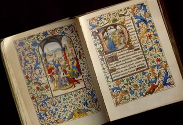 Die Dornenkrönung. Doppelseite eines geöffneten Manuskripts des „Stundenbuchs der Maria von Burgund (1457-1482)“ (Cod. 1857), spätes 15. Jahrhundert, Österreichische Nationalbibliothek, Wien