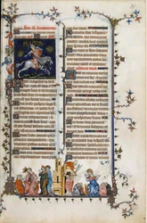 Der dänische Prälat und Staatsmann Absalon oder Axel (1128-1201), der Dänemark von Piraten befreite, stirbt aufgehängt an einem Baum. Darunter eine Allegorie des Wahnsinns, der Prophet Daniel erklärt seinen Traum König Nebukadnezar. Rechts, Szene des Sakra