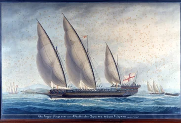 Die genuesischen Galeeren Raggia und San Giorgio verfolgen den algerischen Chebec Uccello. 11. August 1788. Gemälde