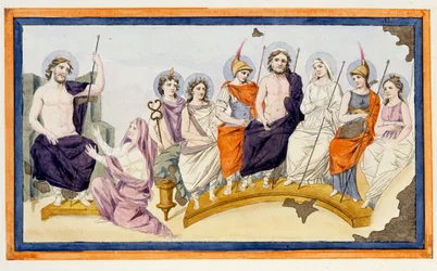 Die Götter des Olymp und links Thetis, die Mutter von Achilles, kniet vor Zeus (Jupiter), um ihn zu bitten, ihrem Sohn gegen Agamemnon zu helfen und die Trojaner zu unterstützen. L