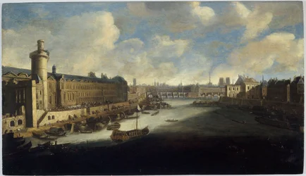 Die Grande Galerie des Louvre, mit der Porte Neuve, Pont-Neuf, Citè, dem Collège des Quatre-Nations im Bau und dem Quai Malaquais. Auf der Seine, die königliche Galeere