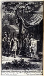 Die Griechen, erstaunt über ihre Niederlage, schicken Odysseus, Ajax und Phönix zu Achilles, um ihn zu bitten, ins Lager zurückzukehren. Dieser Prinz lehnt ihre Bitten stolz ab und schickt sie dann hart zurück. Illustration für Buch IX der Ilias von Homer,