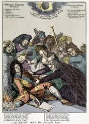 Der König fiel in Ohnmacht und die Höflinge umringen ihn, trauern: Spott über die Revers von Ludwig XIV. in den Niederlanden und Italien im Jahr 1706