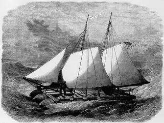 Der Nonpareil: Amerikanisches Rettungsboot, aus Gummi gebaut, das den Atlantik überquerte, ein Modell, das auf dem Marsfeld ausgestellt wurde