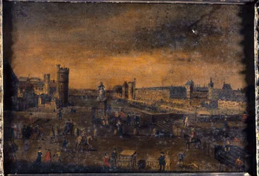 Der Pont-Neuf, gesehen vom Eingang zur Place Dauphine, dem Hôtel de Nevers, dem Tour de Nesle, der Grande Galerie, mit der Porte Neuve und dem Louvre, circa 1640, heutige 1. und 6. Arrondissements, zwischen 1635 und 1645