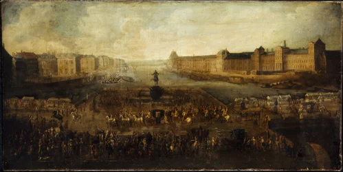 Die Pont-Neuf, gesehen vom Eingang zur Place Dauphine, der Quai Malaquais mit dem Collège des Quatres-Nations, die Große Galerie und der Louvre, ca. 1665