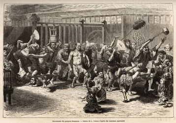 Die Bacchanal der Brauer, an Silvester, nach Erhalt ihres Gehalts und Festen, marschieren sie in einer fröhlichen und lauten Prozession in Edo (heutiges Tokio), ausgestattet mit einem riesigen Sake-Fass und einem langen Staubwedel, um die Decken zu schiebe