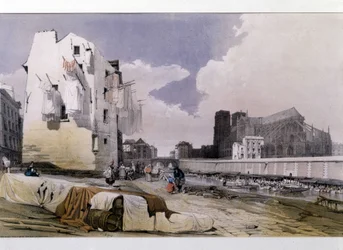 Die Ufer der Seine und Notre Dame de Paris - Lithografie