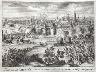 Die Stadt Valenciennes (Frankreich) wurde am 24. März 1567 eingenommen. Erste Schlacht des Aufstands der Geusen (Beginn des Achtzigjährigen Krieges) (1568-1648). Gravur zur Illustration der „Geschichte des Achtzigjährigen Krieges“