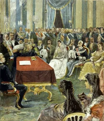Die standesamtliche Trauung des Prinzen von Neapel - des späteren Viktor Emanuel III. (Victor Emmanuel) (Vittorio Emanuele) - mit Prinzessin Helena von Montenegro im Quirinalspalast im Jahr 1896. In der Mitte ist Humbert I. (Umberto) links von der Braut