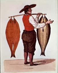 Die Rufe von Paris: ein wandernder Lachshändler raucht Elbe. Anonymer Druck aus dem 19. Jahrhundert. Private Sammlung
