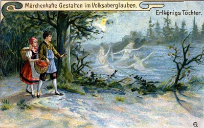 Die Töchter des Königs der Elfen. Wunderbare Figur der deutschen Mythologie. Chromolithographie des 19. Jahrhunderts