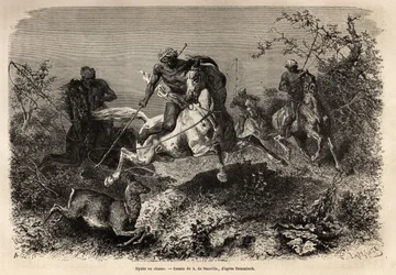 Die Dyaks (Ureinwohner von Borneo) beim Jagen, Reiten und mit Lasso-Waffen. Gravur zur Illustration der Reise im malaiischen Archipel, von Alfred Russell Wallace, veröffentlicht in „Le tour du monde“ 1870-1871, herausgegeben von Edouard Charton, Hachette