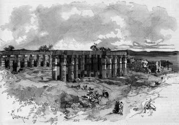 Die Ausgrabungen von Luxor in Ägypten, geleitet von Gaston Maspero (1846-1916), französischer Ägyptologe. Gravur in „Die illustrierte Welt“ 1885