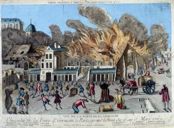 Das Feuer der Saint Germain Messe in Paris in der Nacht vom 16. auf den 17. März 1762, gesehen vom Tor der Treille. Gravur des 18. Jahrhunderts