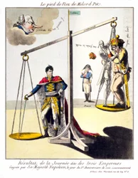 Der Fuß der Nase von Milord Pitt - Das Ergebnis des sogenannten Dreikaisertages - gewonnen von Seiner Majestät Napoleon am Tag des 1. Jahrestages seiner Krönung. Karikatur über Napoleon I. und die 3. Koalition (Großbritannien vertreten durch William Pitt)