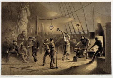 Die Schmiede an Deck. Nacht des 9. August, Vorbereitung der Eisenplatten für den Spill - in "Das Atlantische Telegraphenkabel" von W. H. Russel, ca. 1860