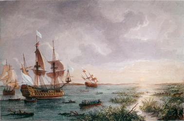 Der französische Entdecker Rene Robert Cavelier, Sieur de LaSalle entdeckt Louisiana, 1684 (Gravur)