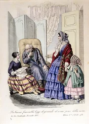 Das Mädchen liest ihrem Großvater, der das Augenlicht verloren hat, die Zeitung vor. Aus „The ore casalinghe“, November 1853.
