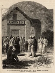 Die Inspektion der Rekruten am Eingang der Kirche von Marcapata (Peru), durch den Pastor des Dorfes, der den Gesundheitszustand und die Stärke der willigen Indianer überprüft, um das Team der Träger des Autors zu bilden. Gravur zur Illustration der Reise i