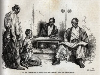 Der Untersuchungsrichter bei der Ausübung seiner Pflichten, kniend vor ihm, beschuldigt ihn ein Samurai. Gravur zur Illustration der Reise nach Japan 1863-1864, von Aimé Humbert, Minister der Schweizerischen Eidgenossenschaft, in „Le tour du monde, nouveau