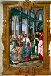 „Der König berührt dich, Gott heilt dich“. König Heinrich II. (1519-1559), der Wundertäter, heilt einen an Skrofeln Erkrankten in der Abtei Saint-Marcoul, unmittelbar nach der Krönungszeremonie in Reims. Neben ihm der Erzbischof von Reims. Miniatur aus