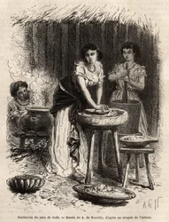 Die Herstellung von Maisbrot, der Grundlage der Nahrung, durch Frauen des Großen Cauca-Tals (Kolumbien). Gravur zur Illustration der Reise nach Neu-Granada, von Dr. Saffray, 1869, veröffentlicht in „Le tour du monde“ 1873, herausgegeben von Edouard Charton
