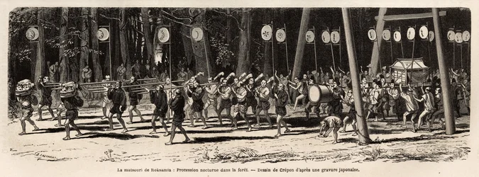 Das Matsouri (Jahrmarkt, Prozession) des Roksamia, Kami-Tempel in der Nähe von Yedo (oder Edo, dem heutigen Tokio), am 5. Tag des 5. Monats des Jahres, die Menge versammelt sich, um Heilkräuter im Wald zu sammeln und am Abend organisieren die Priester ein