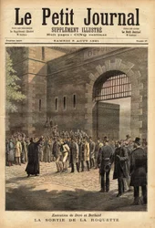 Die Freilassung aus dem Pariser Gefängnis von der Rakete am 27. Juli 1891, Verbrecher Dore und Berland zum Tode verurteilt. Gravur von Henri Meyer in „Le petit journal“ 8/08/1891. Sammlung Selva.