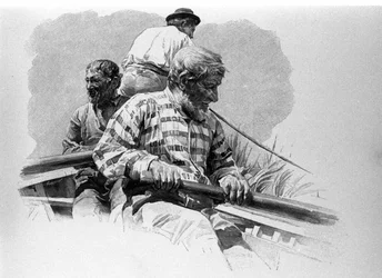 Die Ruderer auf einem Boot auf dem Fluss Anapo in Sizilien