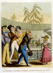 Das Sprichwort: „Ein Affe, selbst in Seide gekleidet, bleibt ein Affe“ (Der Mantel macht nicht den Mönch). Illustration aus einer Sammlung von Sprichwörtern des 18. Jahrhunderts