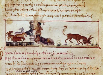 Die Schafzucht, rechts wird ein Hase von einem Miniaturtier verschlungen, aus „Die Cynegetik“ von Oppian von Syrien (3. Jahrhundert n. Chr.) gewidmet Caracalla. 11. Jahrhundert Venedig, Biblioteca Marciana