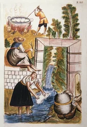 Die Arbeit mit Wolle, aus dem Buch "Trujillo del Peru" oder "Códice Martínez Compañón", von Baltazar Martinez Compañón y Bujanda, Bischof von Trujillo (1782-1785)