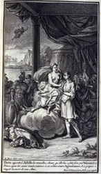 Thetis bringt Achilles die neuen Waffen, die sie ihm von Vulkan gemacht hat; und dieser Prinz, nachdem er sie erhalten hat, verzichtet auf seinen Zorn gegen Agamemnon und bereitet sich darauf vor, den Tod seines Freundes zu rächen. Illustration aus Buch XI